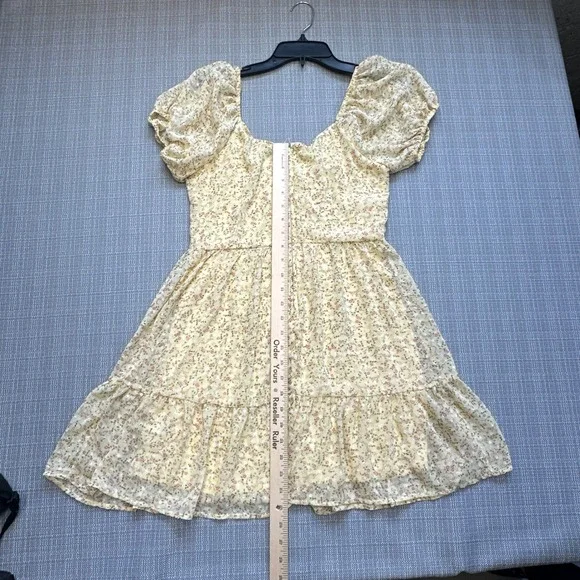 Trixxi Butter Yellow Floral Dress Medium Puff Sleeve Babydoll Sheer Overlay * - Picture 8 of 11
